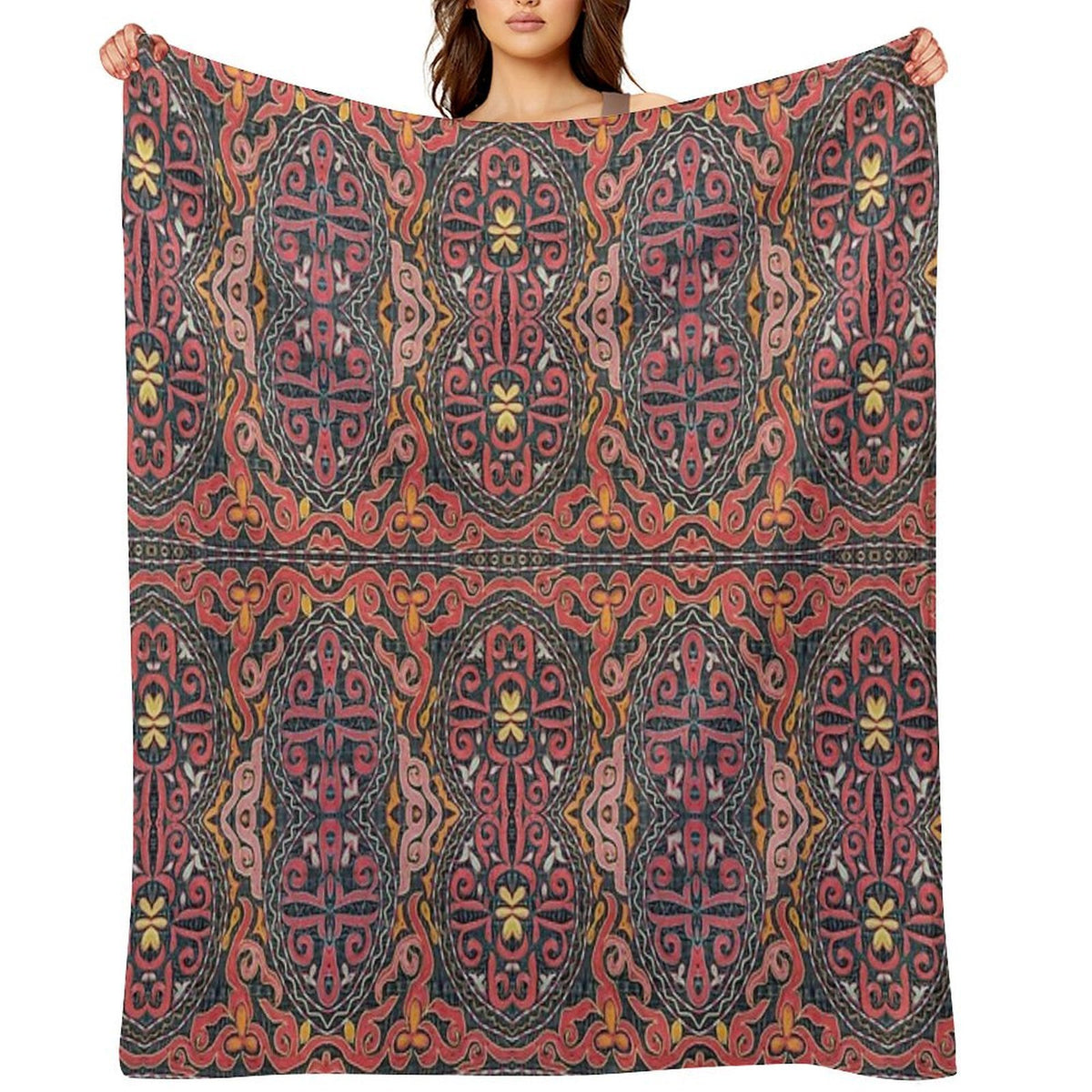 Red And Yellow Design Textile Art Premium Throw Blanket