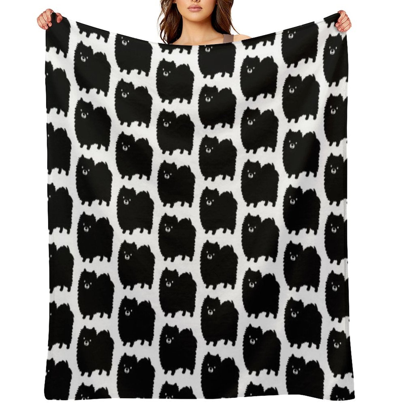 Cute Fluffy Black Pomeranian Cartoon Dog Comfort Throw Blanket