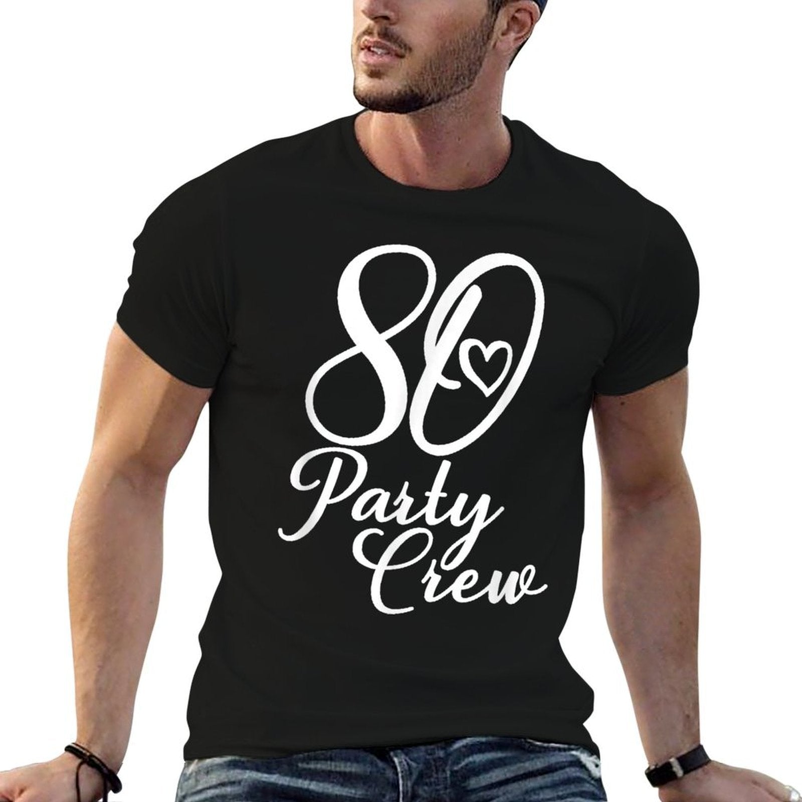 80 Party Crew, Matching Group Women 80th Birthday  Ribbed Collar T-Shirt