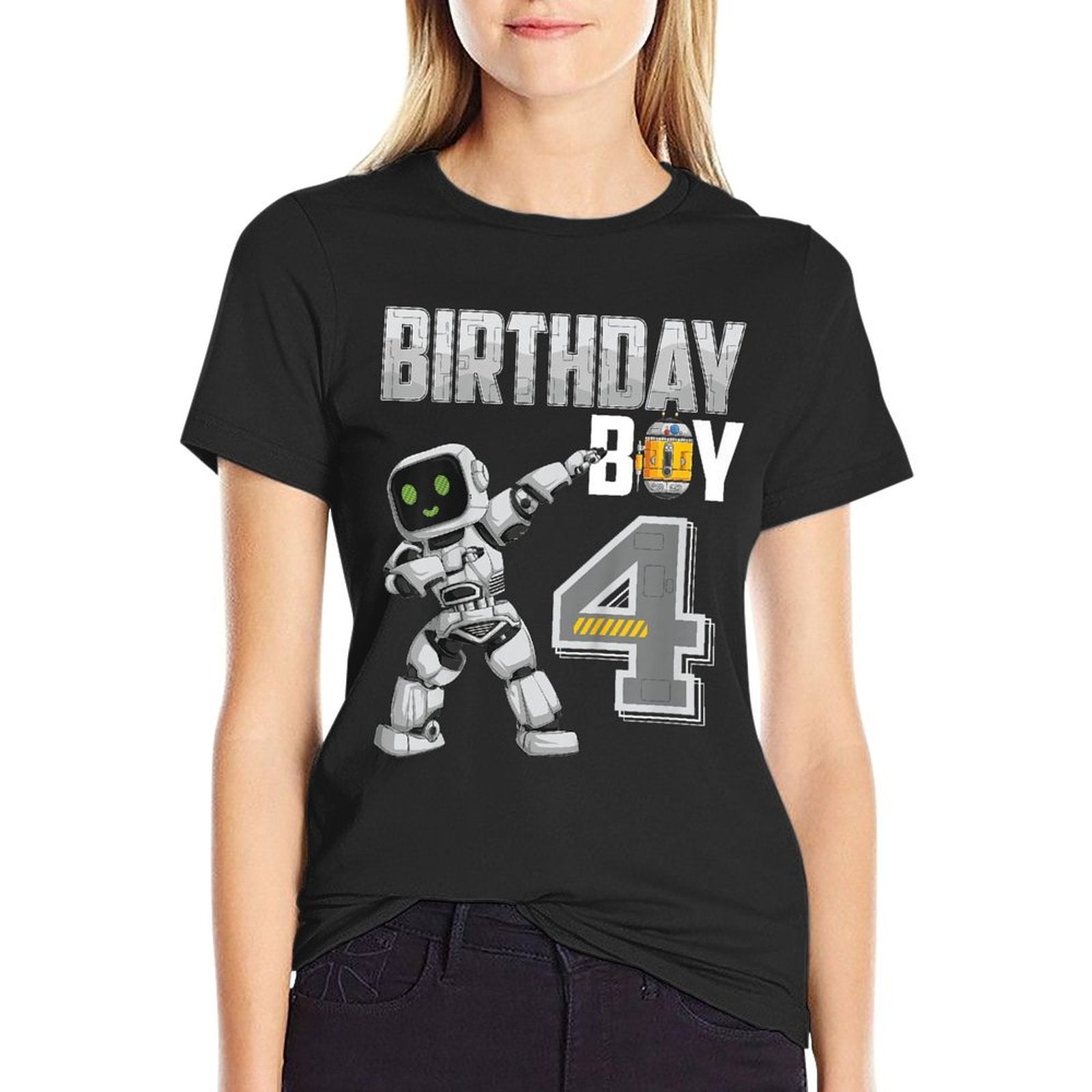 Kids 4 Year Old Dabbing Robot 4th Birthday Science Robotics  Easy-care T-Shirt
