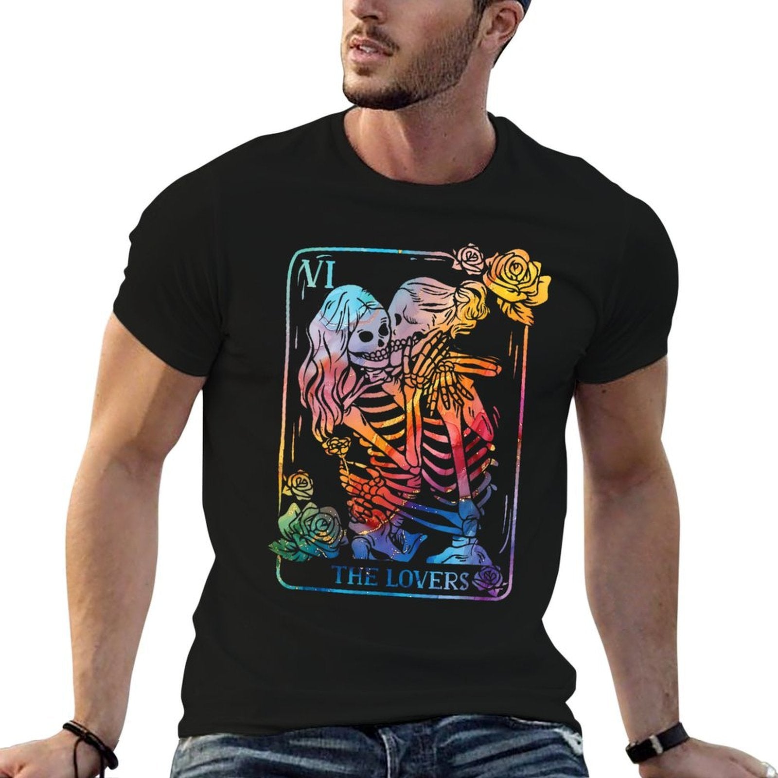 The Lovers Tarot Card Occult Goth Kissing LGBT Rainbow Pride  Cotton T-Shirt