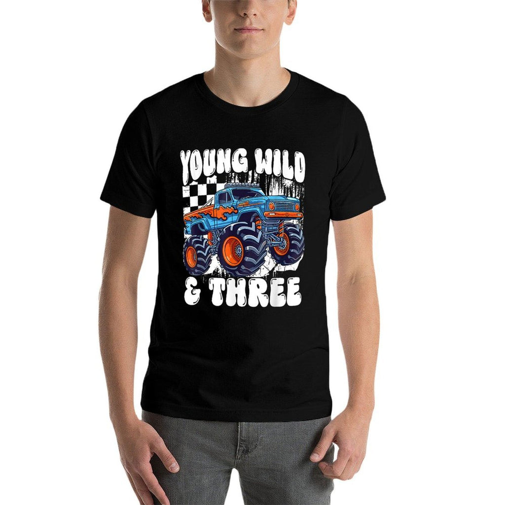 3rd Birthday Monster Truck Young Wild And Three 3 Year Old  Cotton T-Shirt