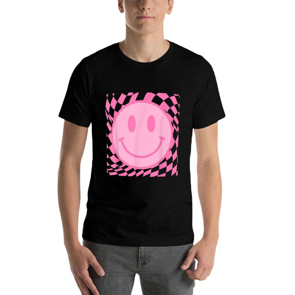 Retro Happy Smile Face Smiling Checkered Pattern Pink Trendy  Polyester Blend T-Shirt