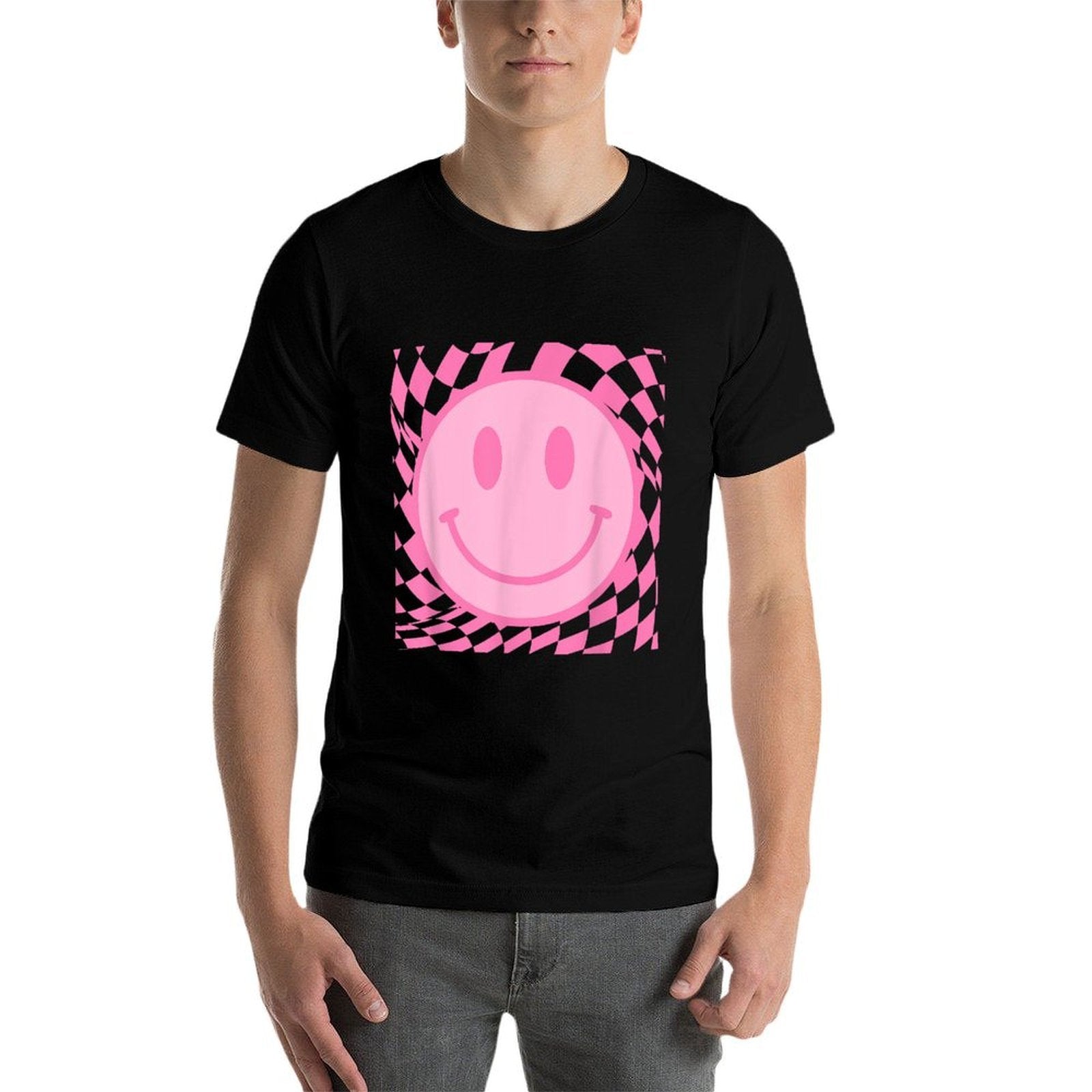 Retro Happy Smile Face Smiling Checkered Pattern Pink Trendy  Polyester Blend T-Shirt