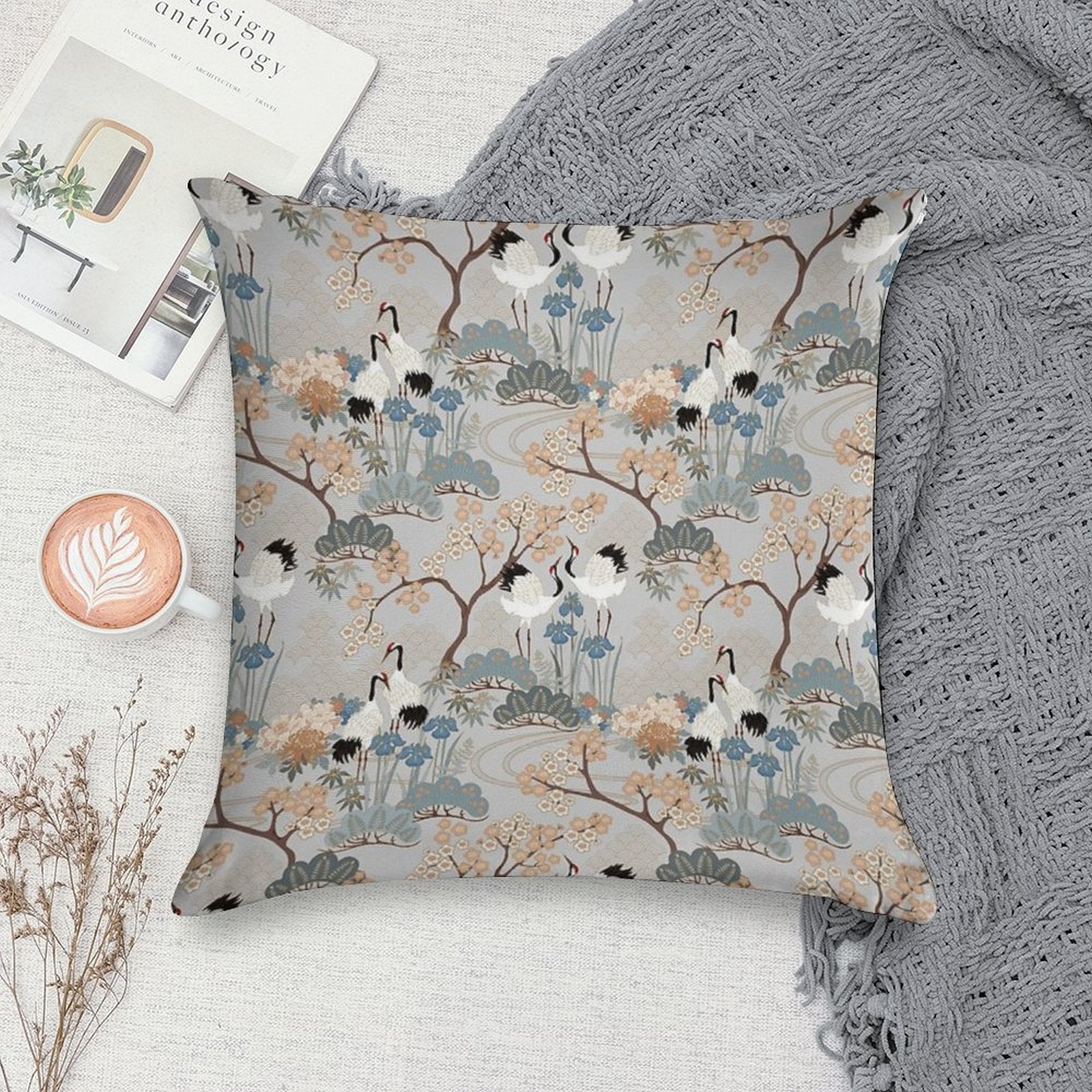 Japanese Garden Gray Soft Short Plush Fabric Throw Pillow