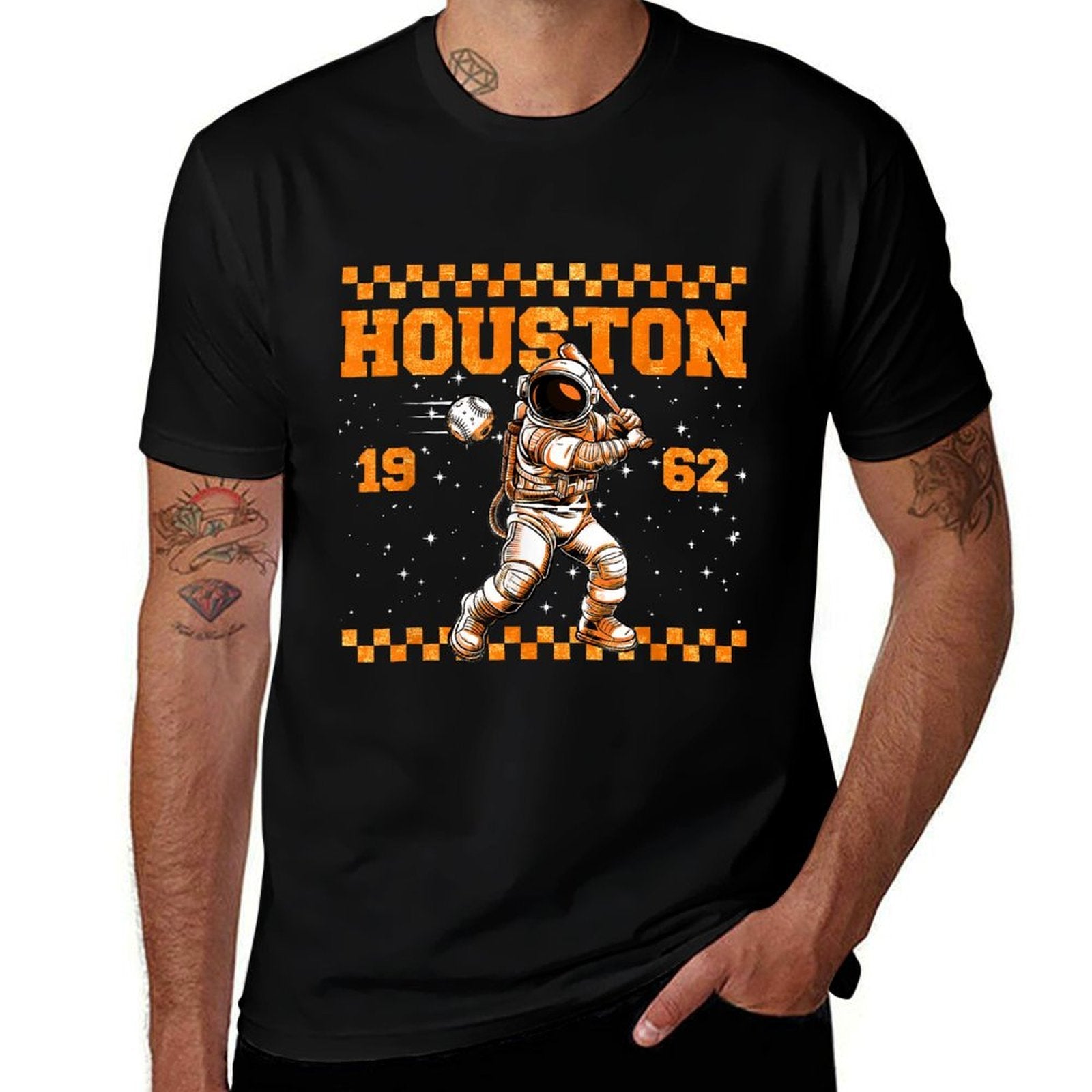 Graphic Colorful Houston Personalized Name Cute Astronaut  Rolled Sleeves T-Shirt