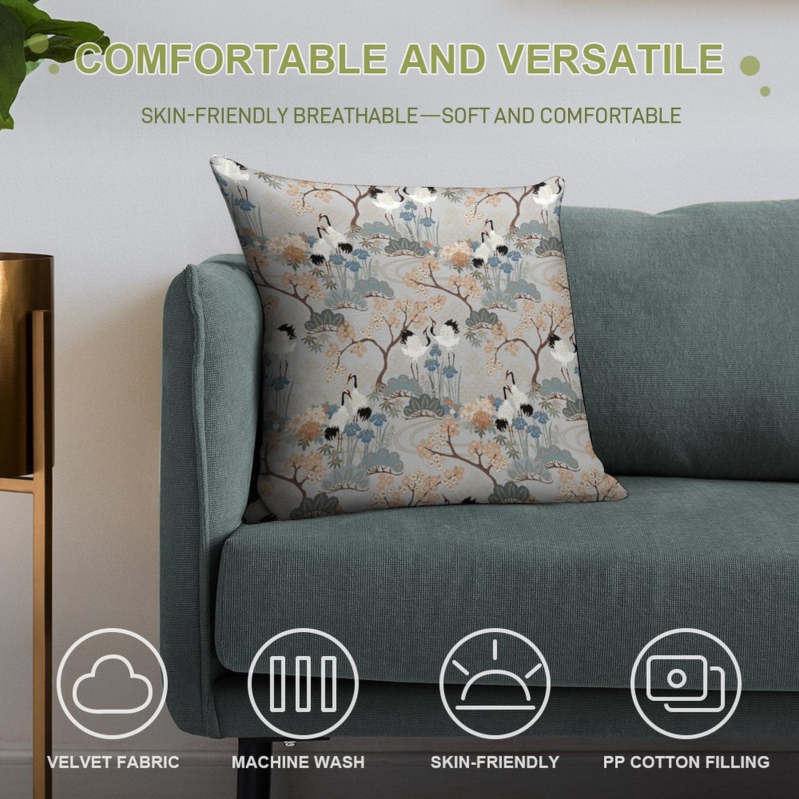Japanese Garden Gray Soft Short Plush Fabric Throw Pillow