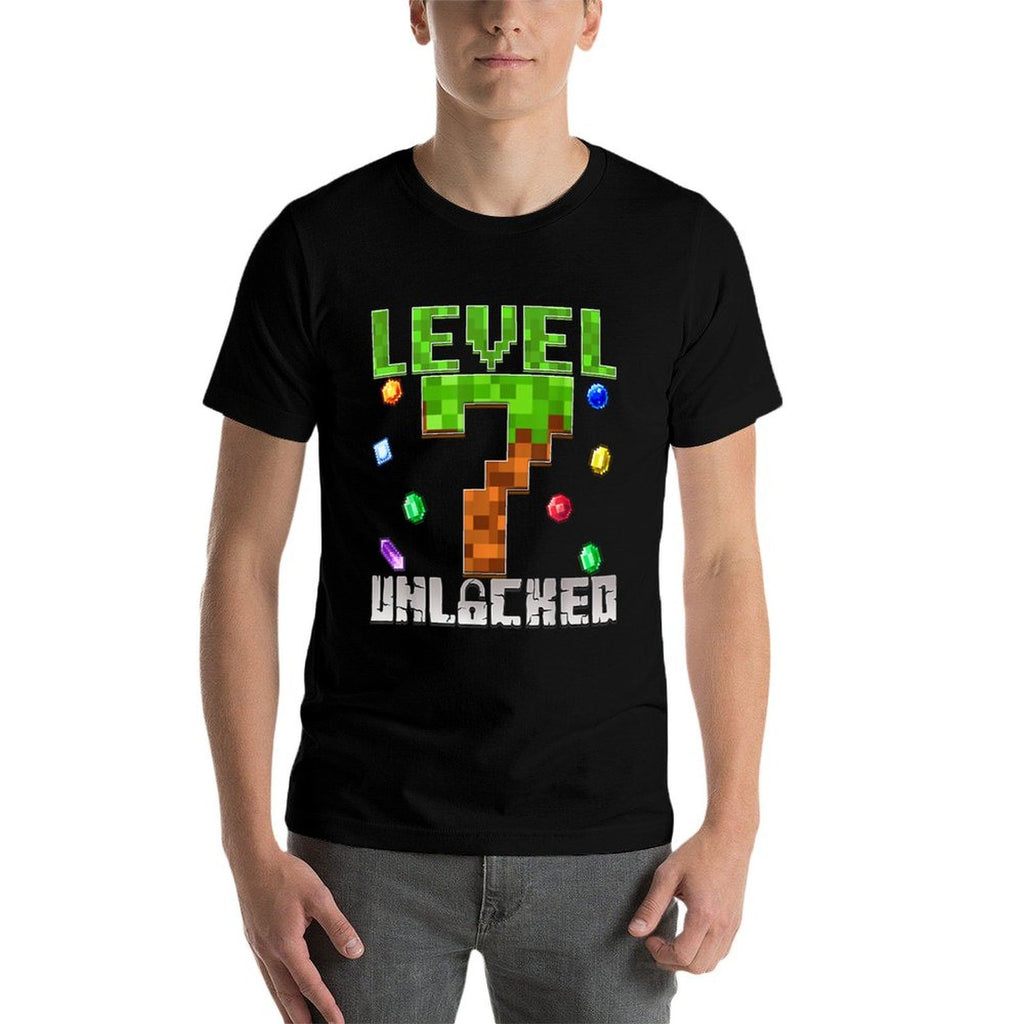 Birthday Boy Level 7 Unlocked 7th Birthday Game Pixel  Cotton T-Shirt