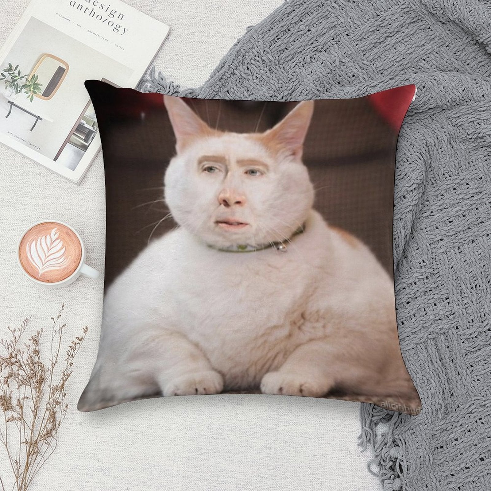 Nicolas Cage Photoshop Cat Soft Anti-Pilling Throw Pillow