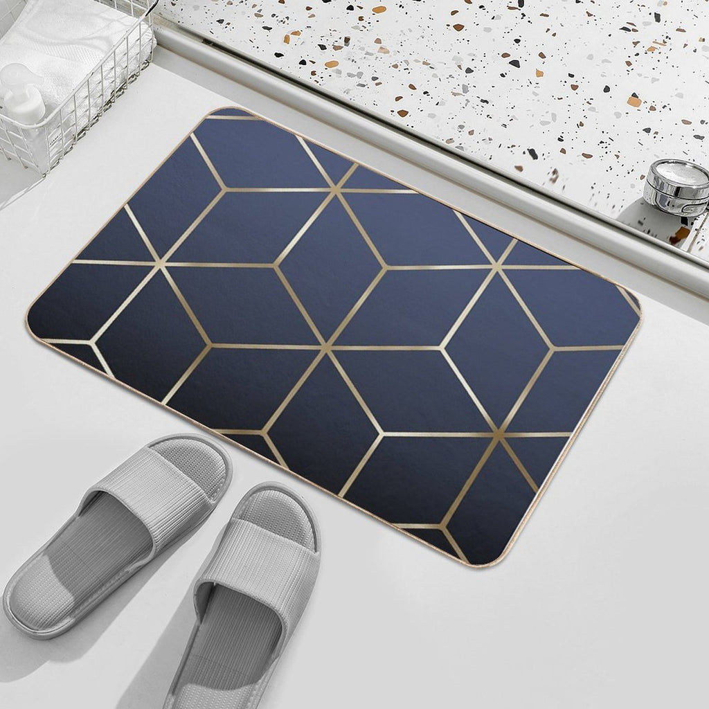 Gold Cubes on Navy Blue Durable Bath Mat
