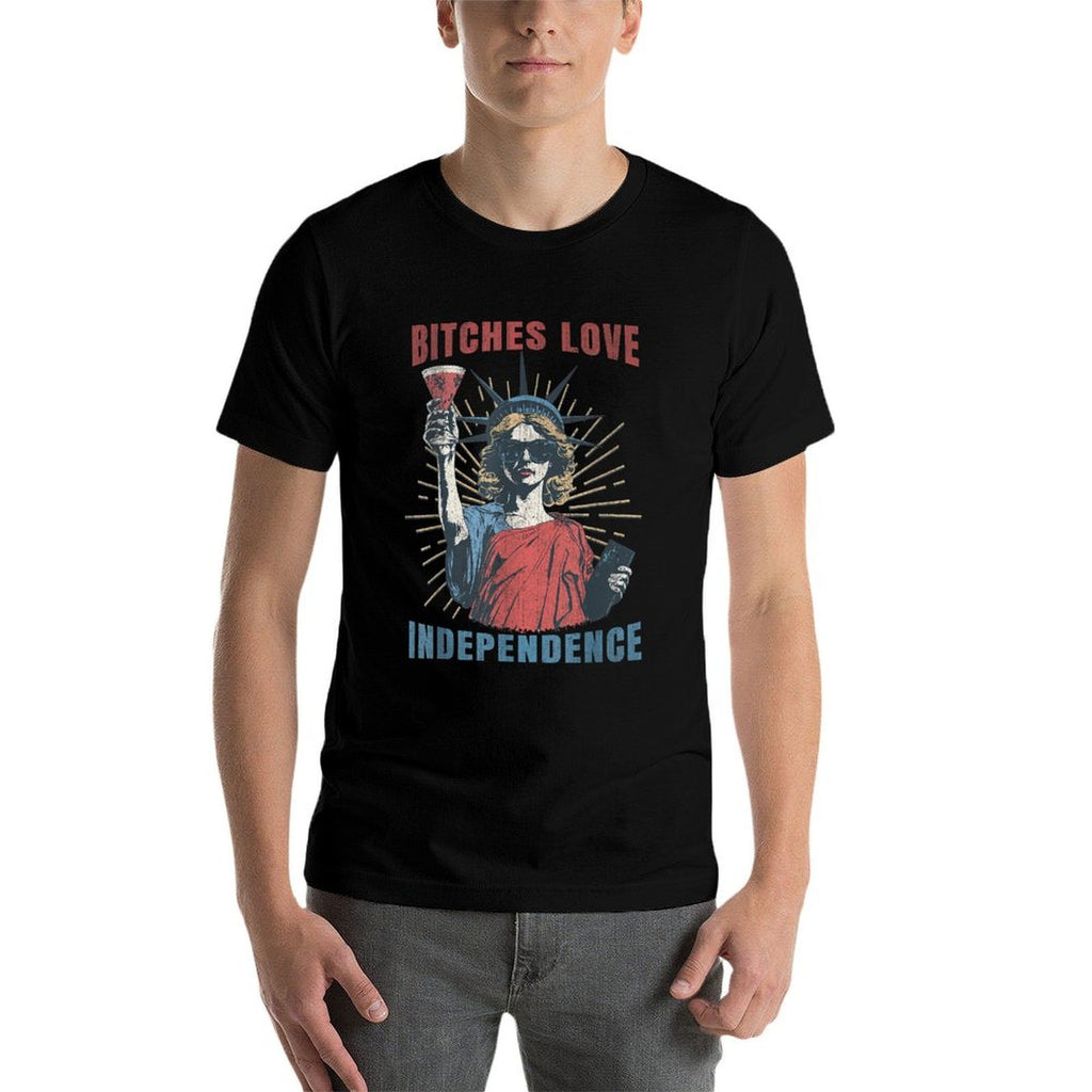 Bitches Love Independence 4th July Funny Sassy Women Girls  Ribbed Collar T-Shirt