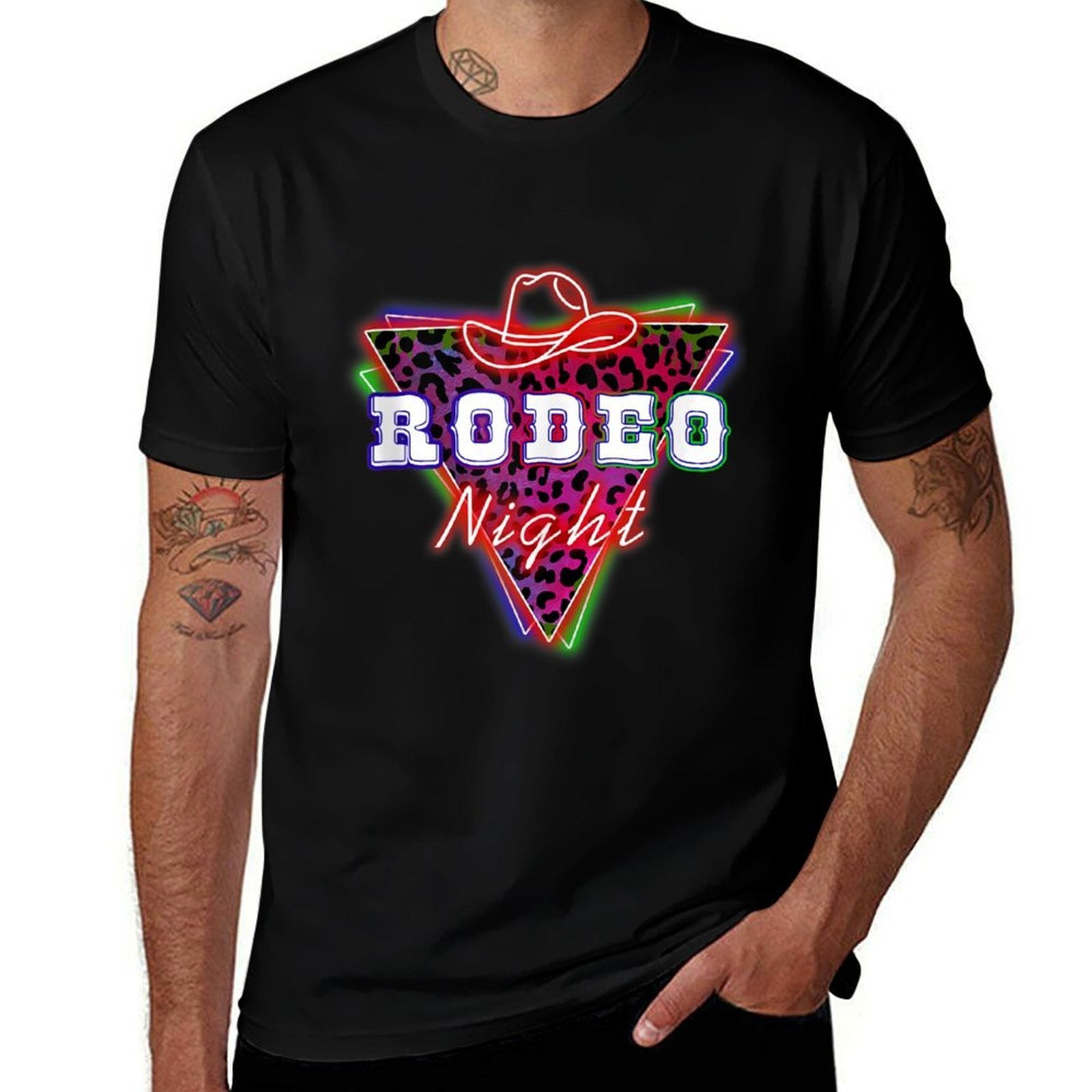 Rodeo Night Leopard Neon Cowboy Hat  Cotton T-Shirt
