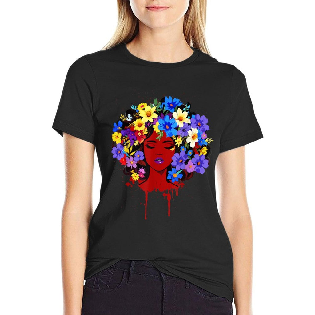Afro Girl Flower Hair Black History Juneteenth Black Queen  Summer-ready Fabric T-Shirt