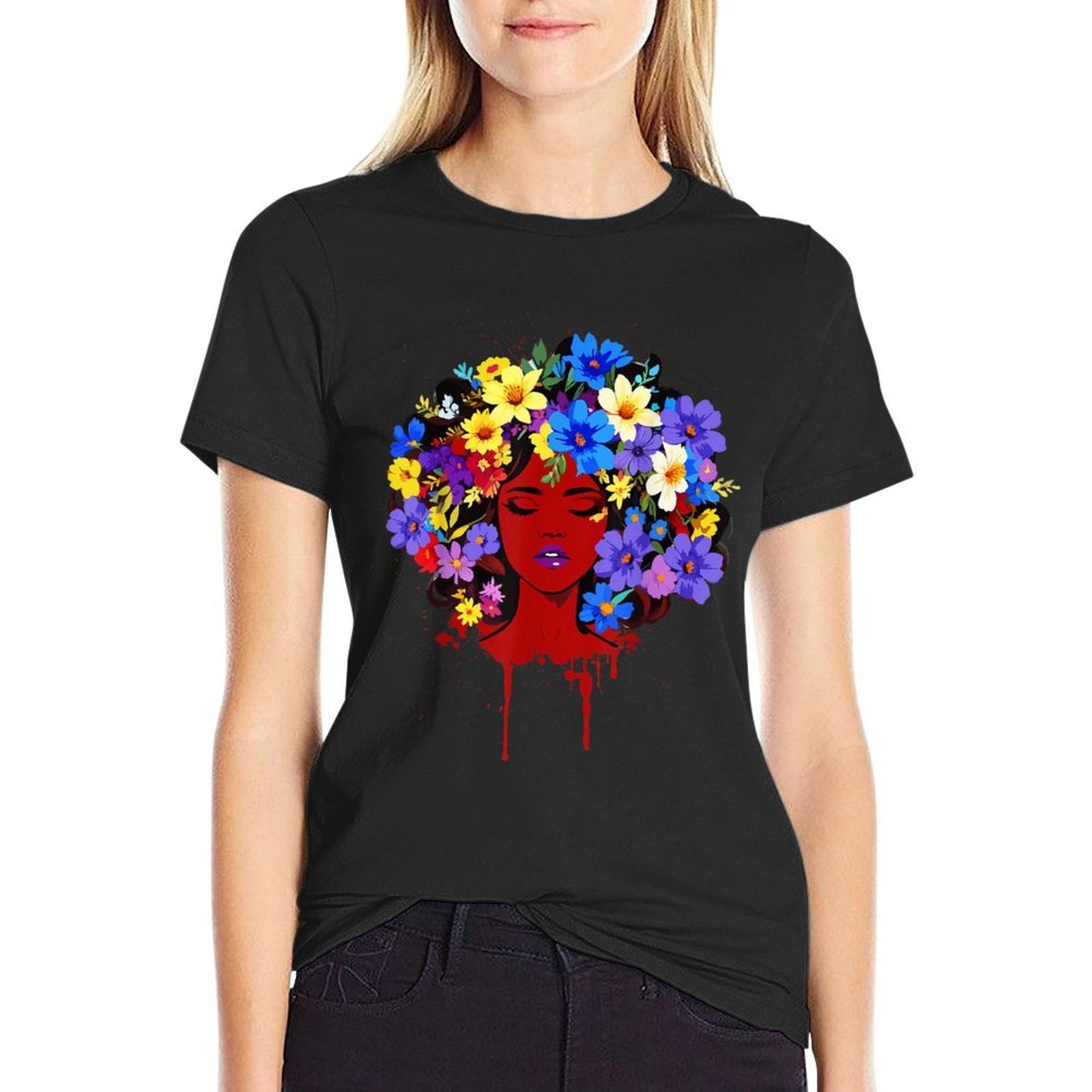 Afro Girl Flower Hair Black History Juneteenth Black Queen  Summer-ready Fabric T-Shirt