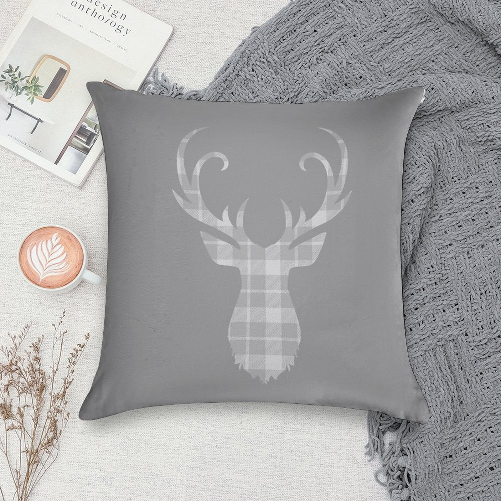 Grey Tartan Stag Head Soft Short Plush Fabric Throw Pillow