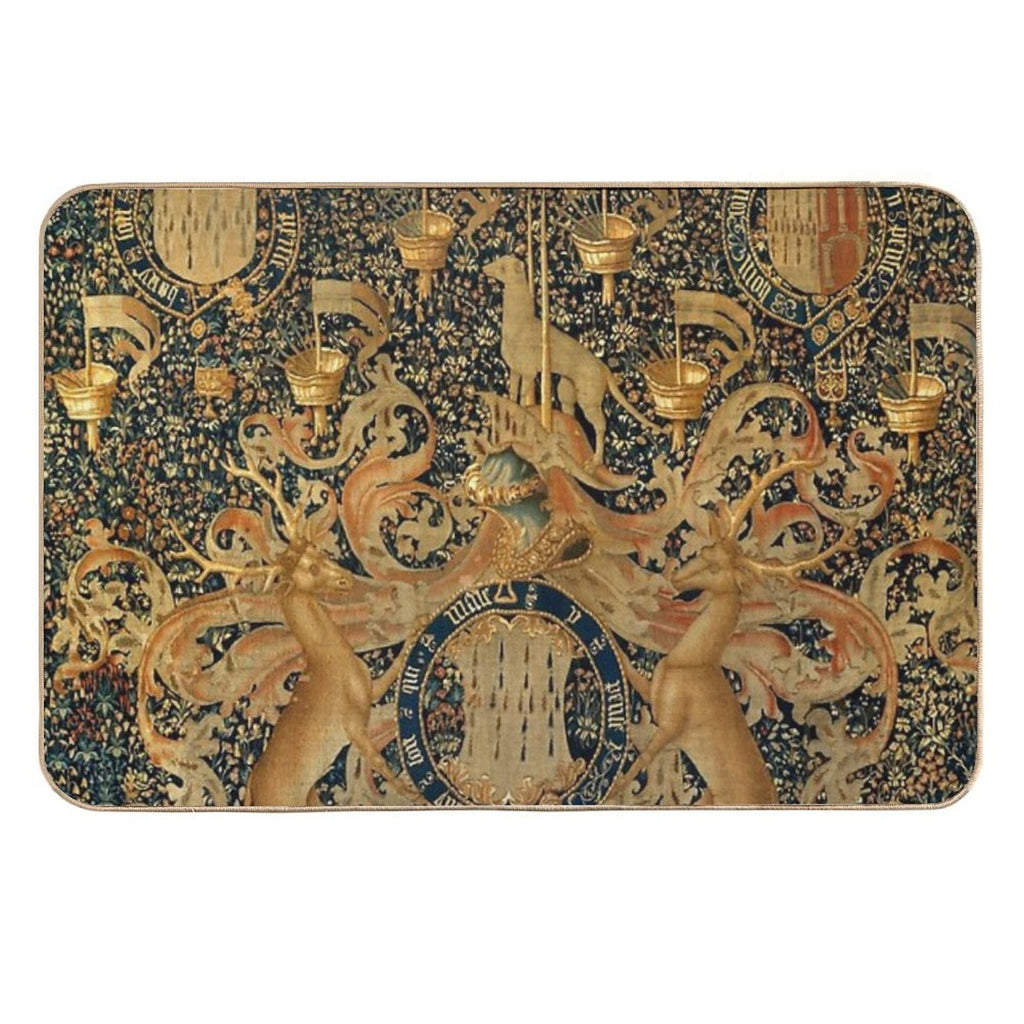 Gold Navy Blue Antique Heraldic Tapestry with Harts,Armorial Bearings Badges of John  Fade-Resistant Bath Mat