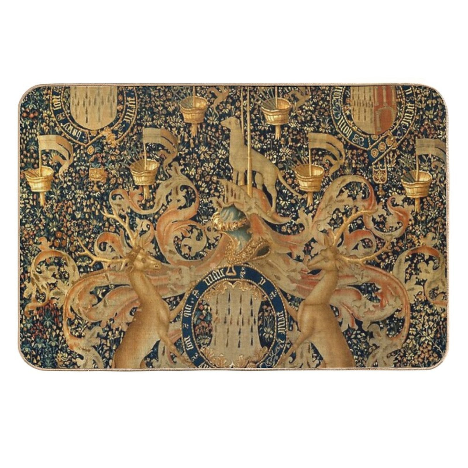 Gold Navy Blue Antique Heraldic Tapestry with Harts,Armorial Bearings Badges of John  Fade-Resistant Bath Mat