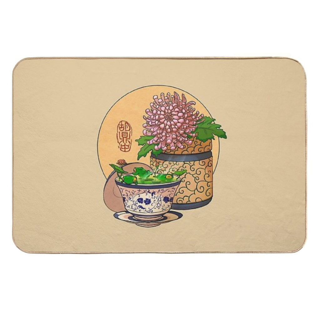 Tea Cup Chrysanthemum Flower Frog Yellow Bg  Easy To Clean Bath Mat