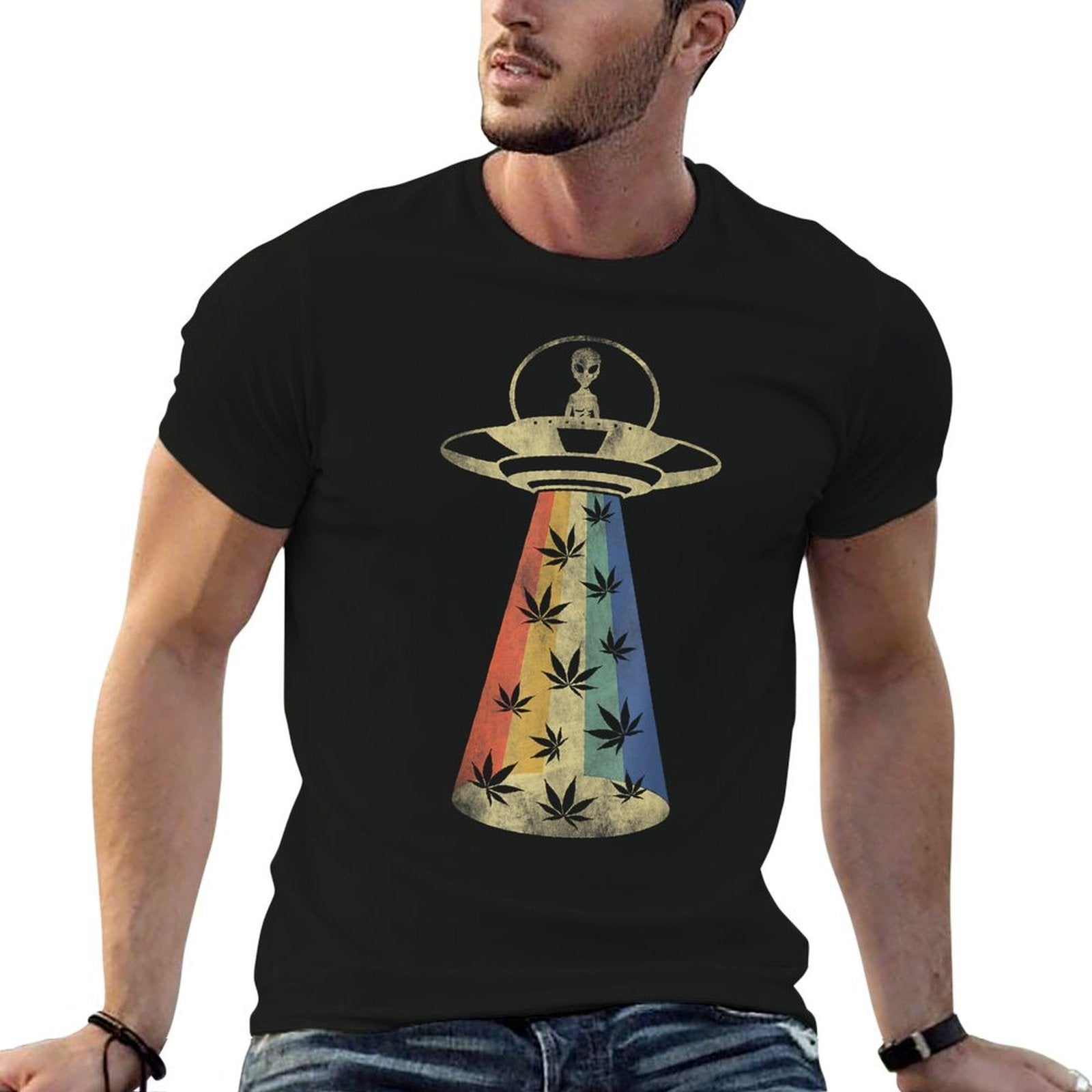 Alien UFO Abduction Weed Cannabis Marijuana Leaf Funny  Moisture-wicking T-Shirt