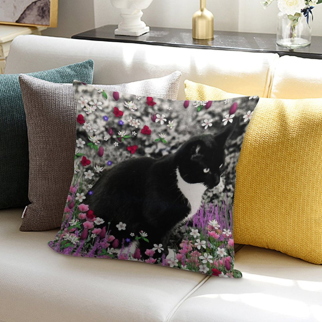Freckles in Flowers II - Tuxedo Cat Soft Short Plush Fabric Throw Pillow
