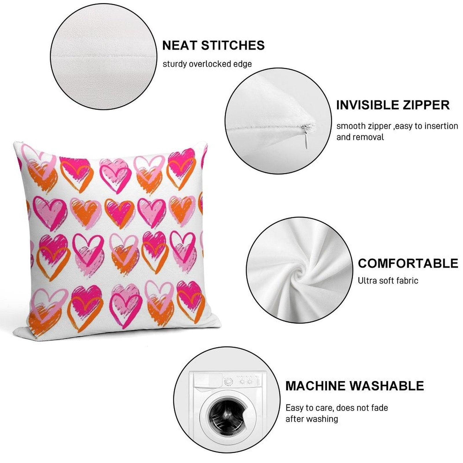 Pink And Orange Hearts Soft Fade-Resistant Throw Pillow
