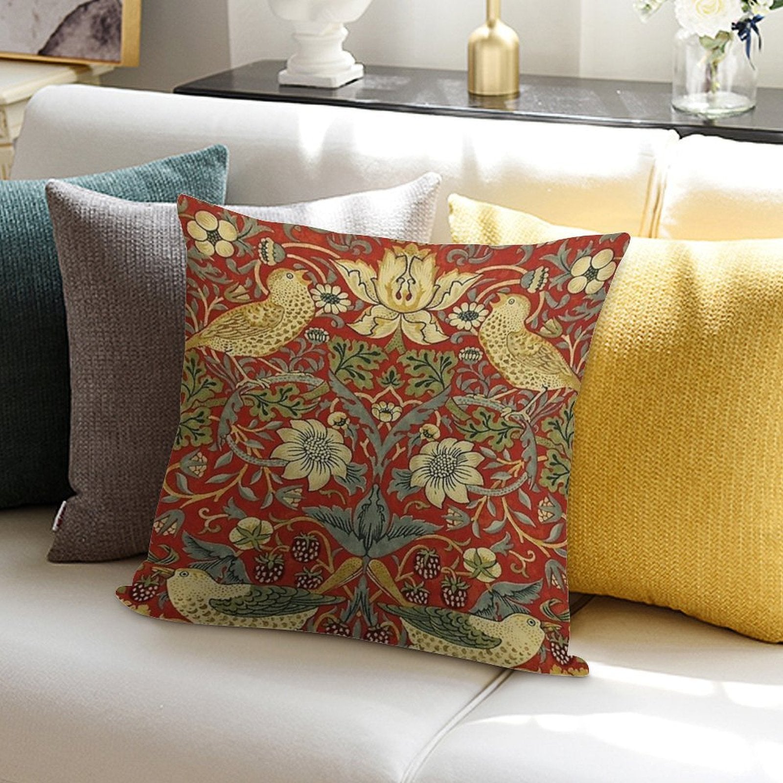 William Morris Birds Floral,red Soft Bedroom Essential Throw Pillow