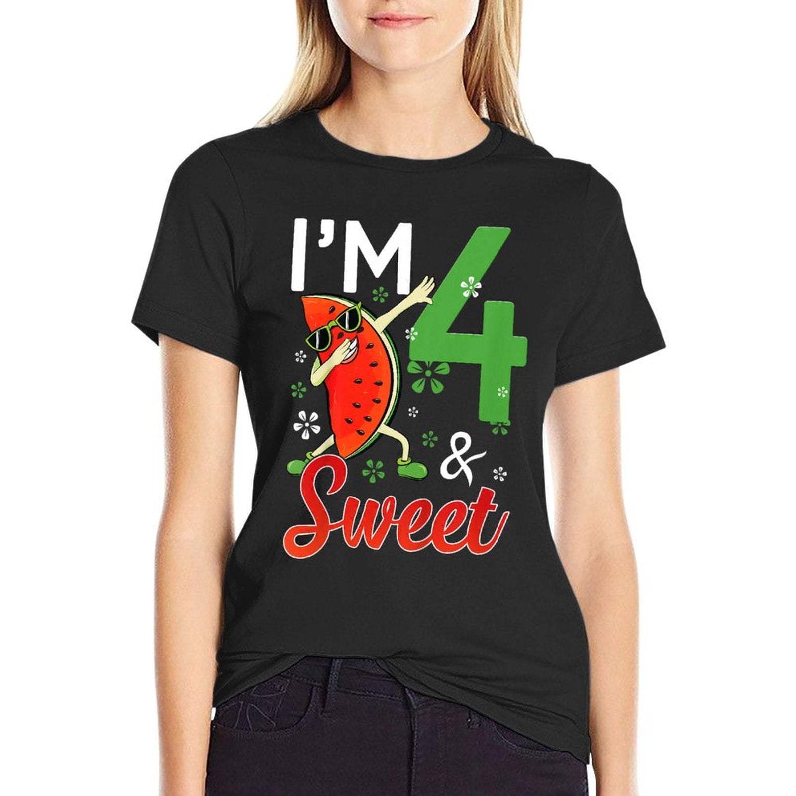 Kids Cute I'm 4 Years Old & Sweet Dabbing Watermelon 4th Birthday  Summer-ready Fabric T-Shirt