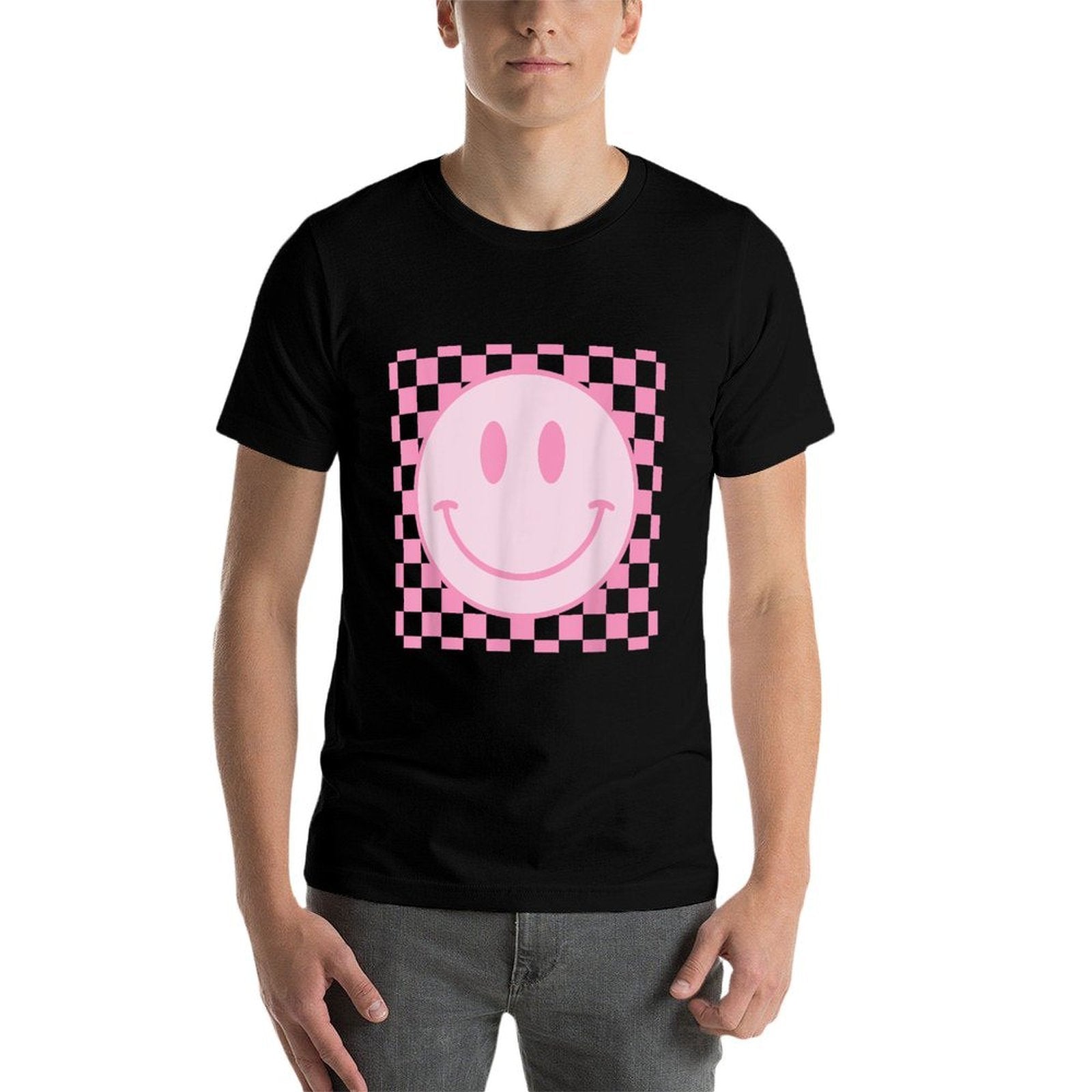 Retro Happy Face Checkered Pattern Smile Face Trendy  Tagless Design T-Shirt