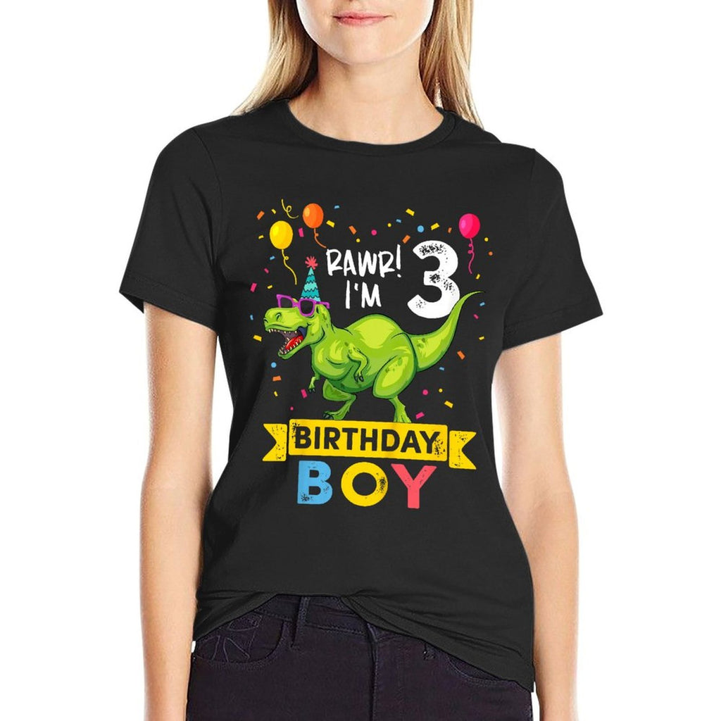 3 Year Old 3rd Birthday Boy T Rex Dinosaur  Ribbed Collar T-Shirt