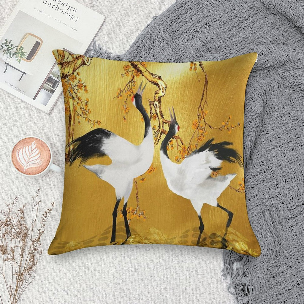 Golden Cranes Japanese Art Soft Fade-Resistant Throw Pillow