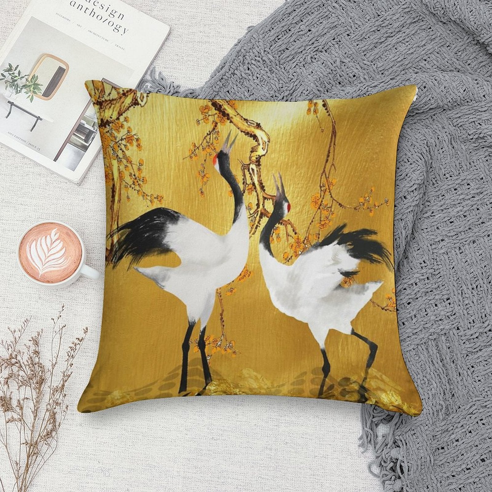 Golden Cranes Japanese Art Soft Fade-Resistant Throw Pillow