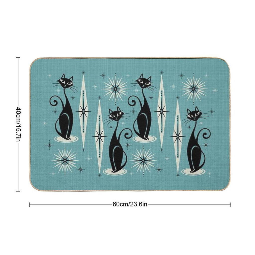 Mid Century Meow on Blue - Large Scale  Fade-Resistant Bath Mat