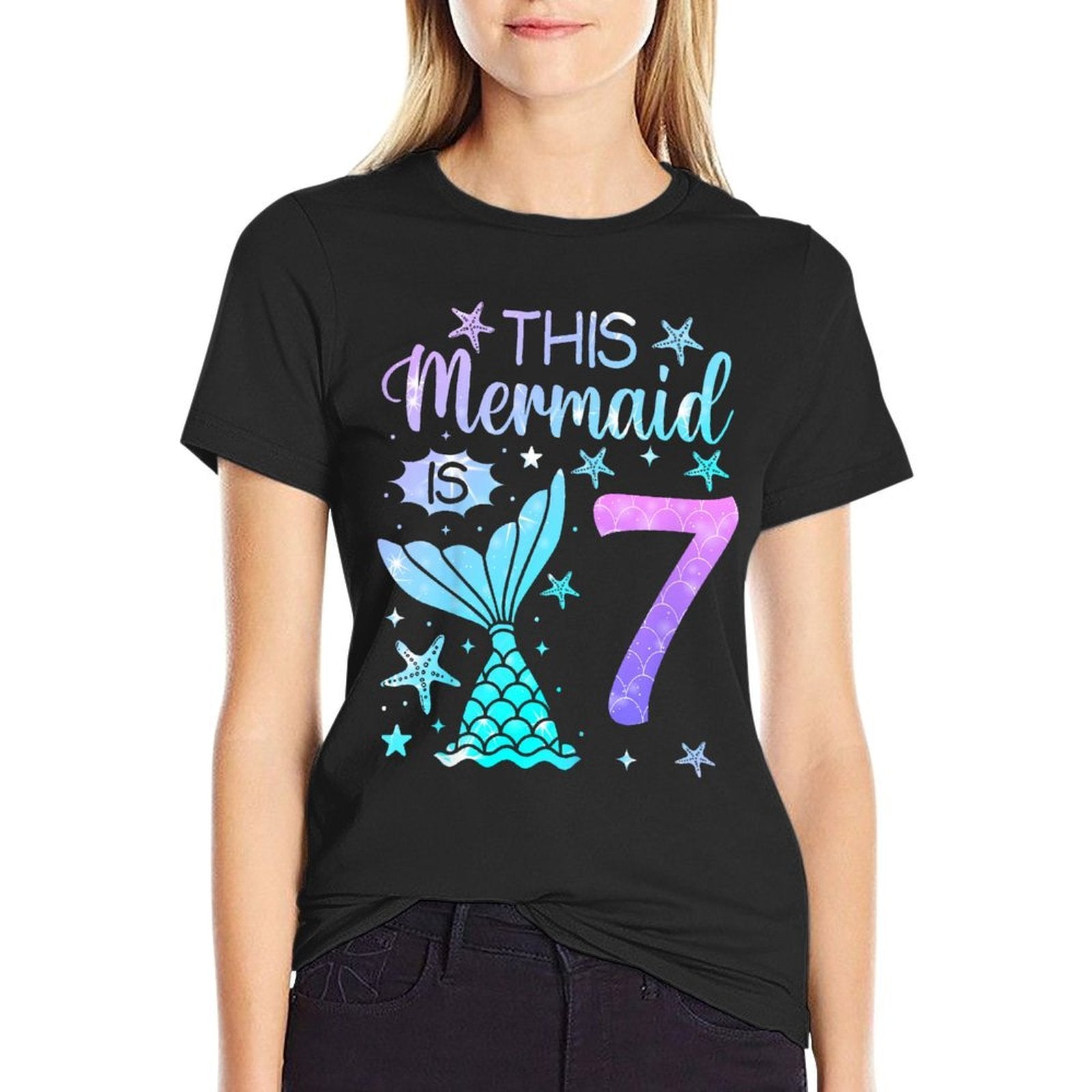 7th Birthday Girl 7yr Seven 7 Year Old Mermaid Bday Comfortable T-Shirt