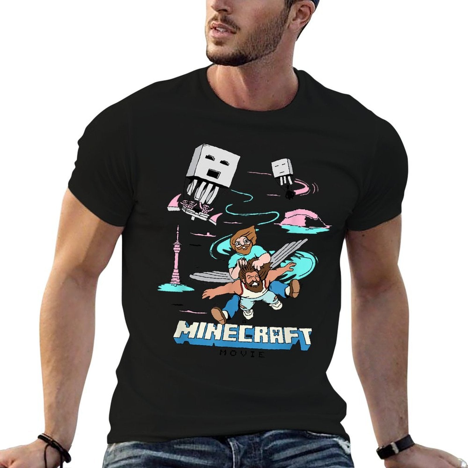 A Minecraft Movie Steve And Garret Escape Using Elytras  High-quality Stitching T-Shirt