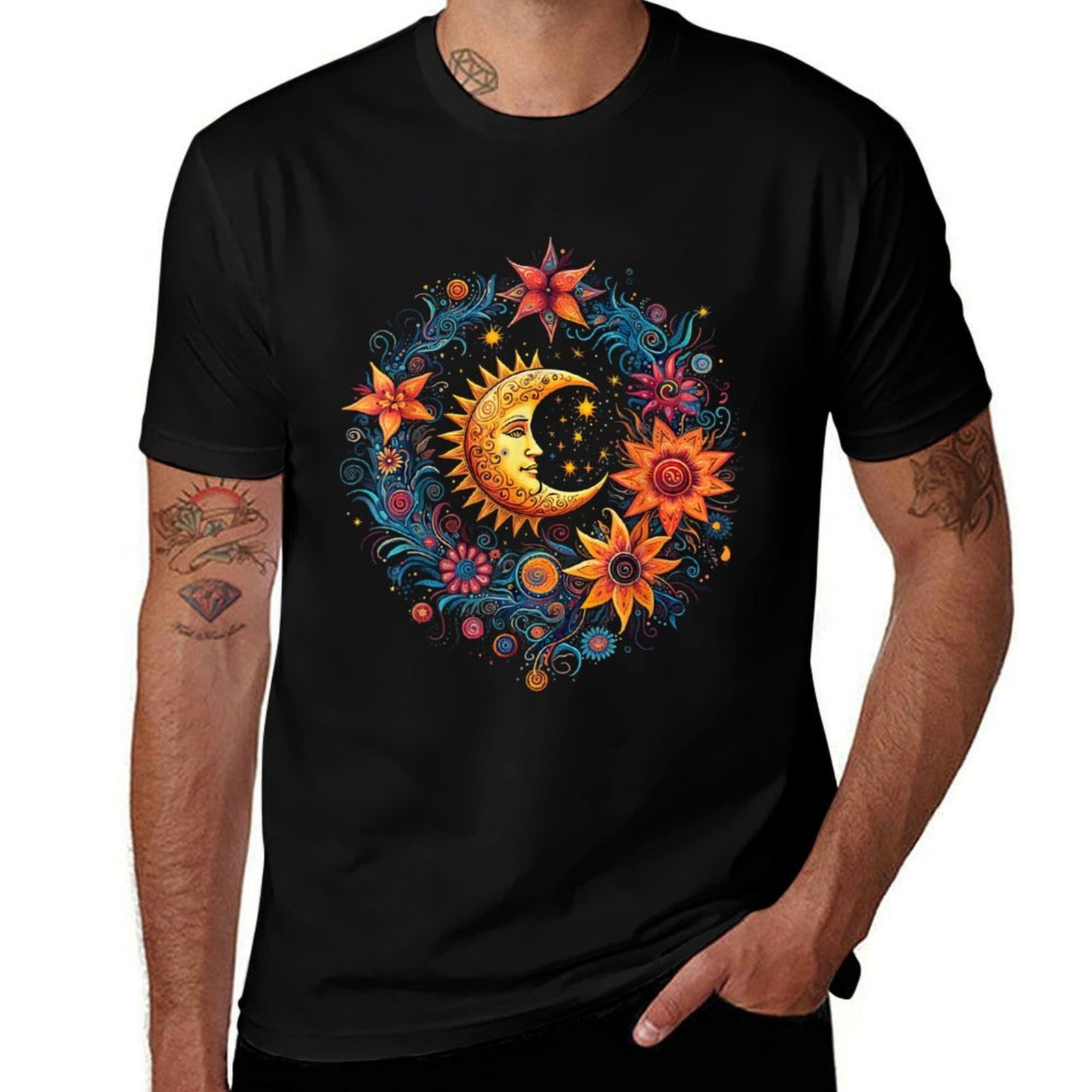 Mystic Sun And Moon Woman Mystical Flowers Aesthetic  Cotton T-Shirt