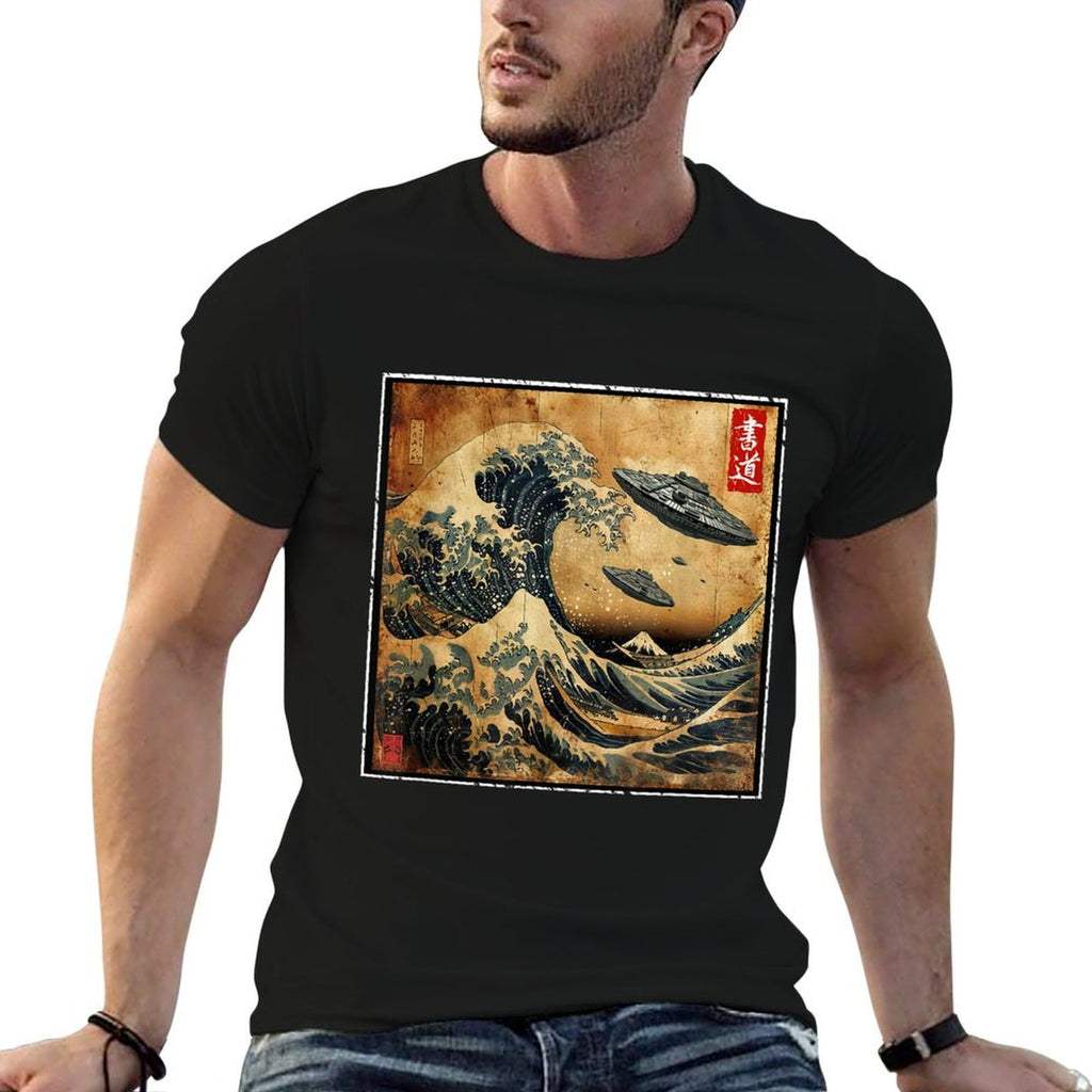 The Great Wave Off Kanagawa And UFO Ships Japanese Vintage  Affordable Price T-Shirt