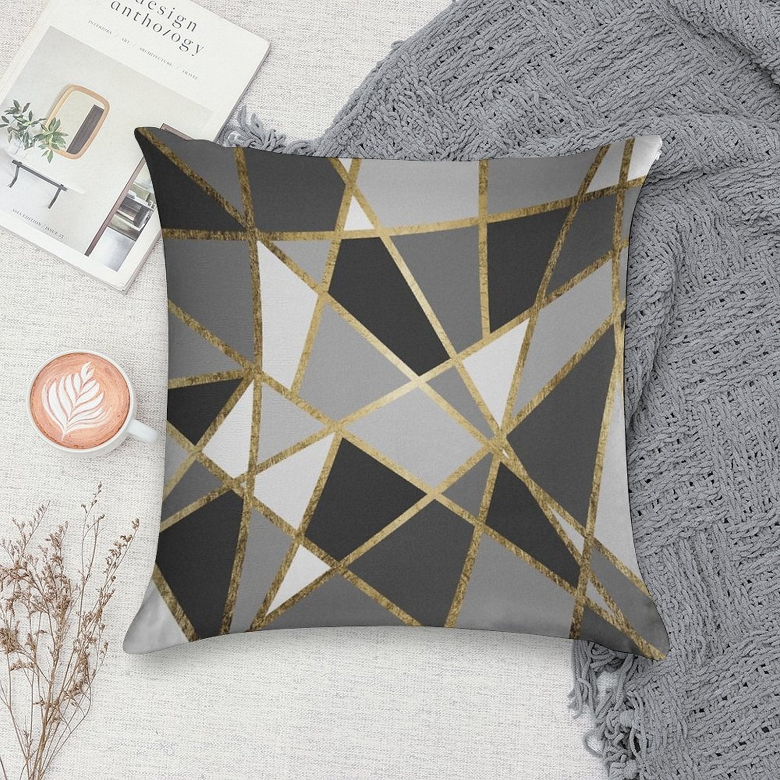 Black & Gray Modern Geo Gold Triangles Soft Warmth Comfort Throw Pillow