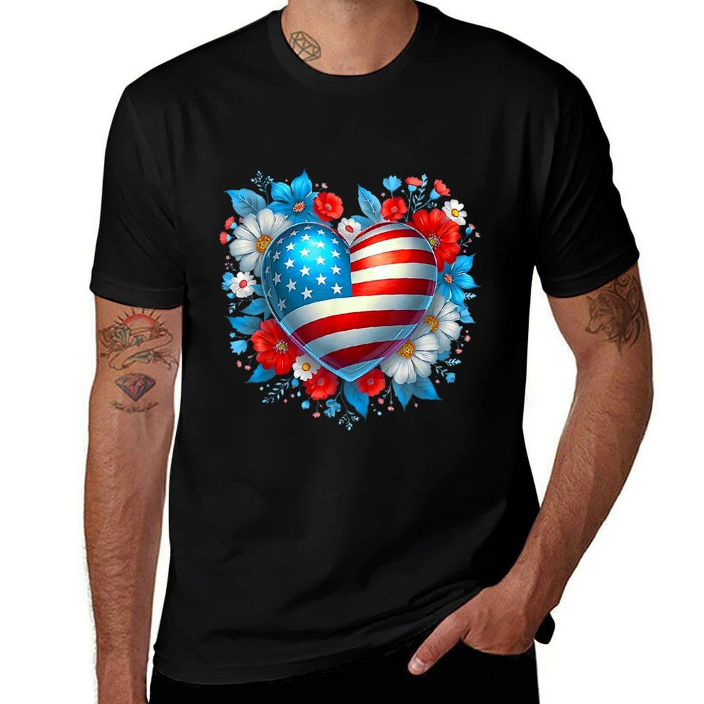 4th of July American for Girls Floral Print Heart  High-quality Stitching T-Shirt