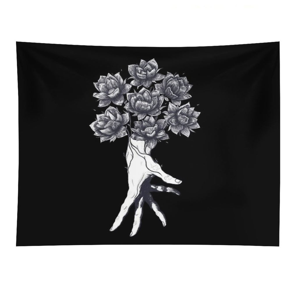 Hand with Lotuses on Black Tapestry
