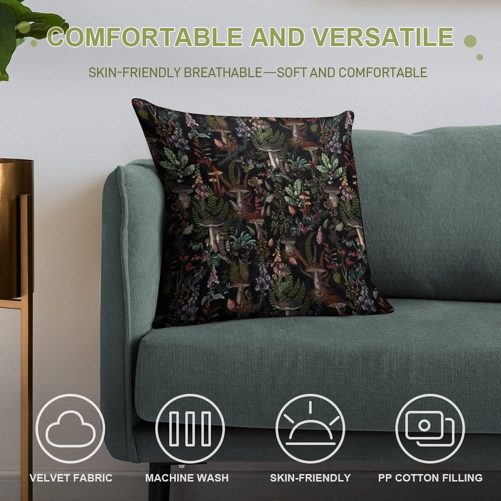 Vintage Mysterious Mushrooms Forest Botanical Botanical Night Garden Pattern NightGarden Soft Gift Ready Throw Pillow