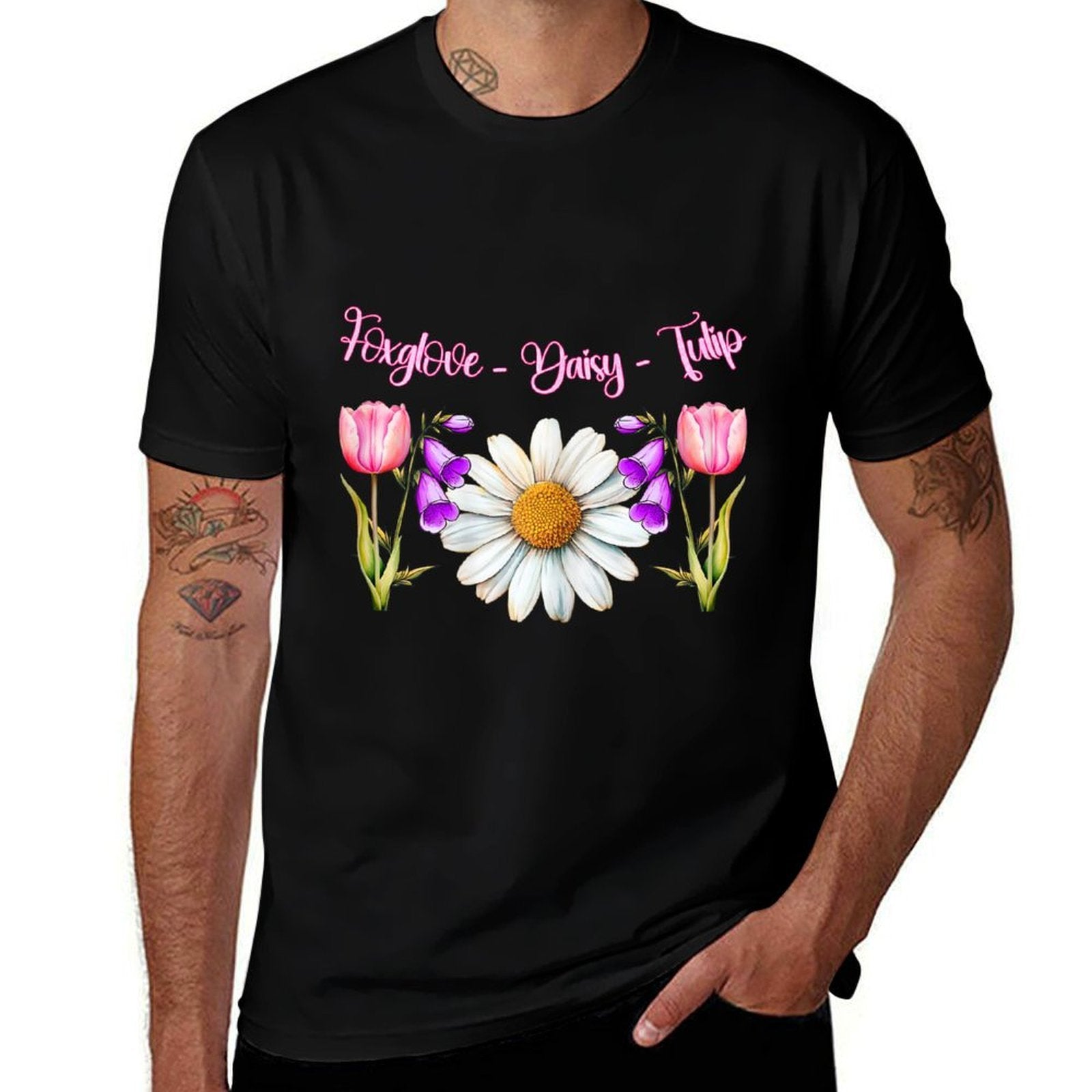 Foxglove Daisy Tulip Botanical Flower – Vintage Floral Art  Polyester Blend T-Shirt
