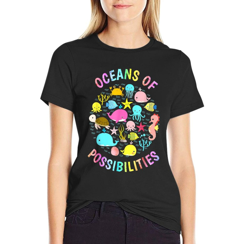 Cute Oceans Of Possibilities Summer Reading Sea Creatures  Ribbed Collar T-Shirt