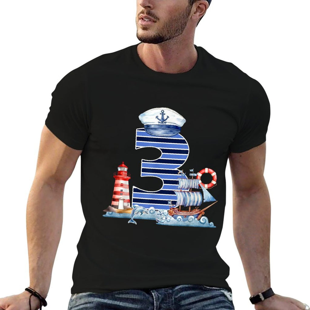 Kid Three 3 Years Old Boy Sailor Nautical 3rd Birthday Party  Relaxed-fit T-Shirt