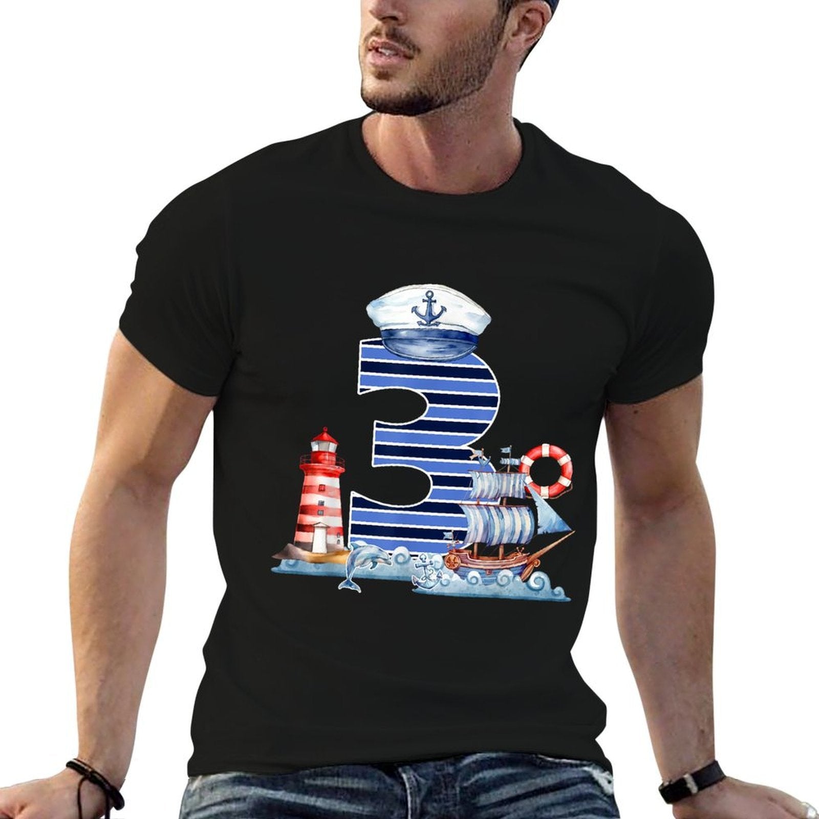 Kid Three 3 Years Old Boy Sailor Nautical 3rd Birthday Party  Relaxed-fit T-Shirt