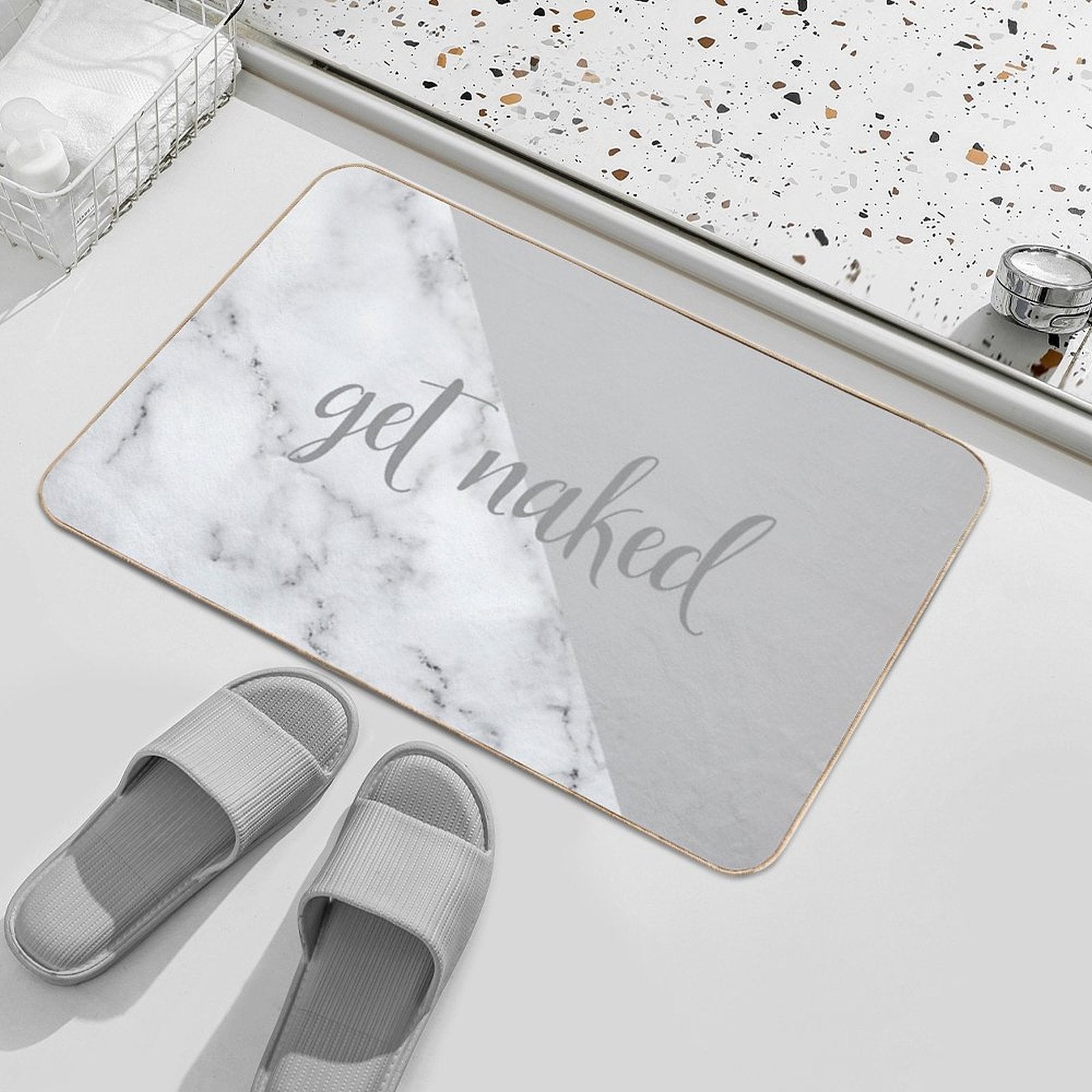 Get Naked Bathroom And Bedroom Quote, Grey, White, Marble  Fade-Resistant Bath Mat