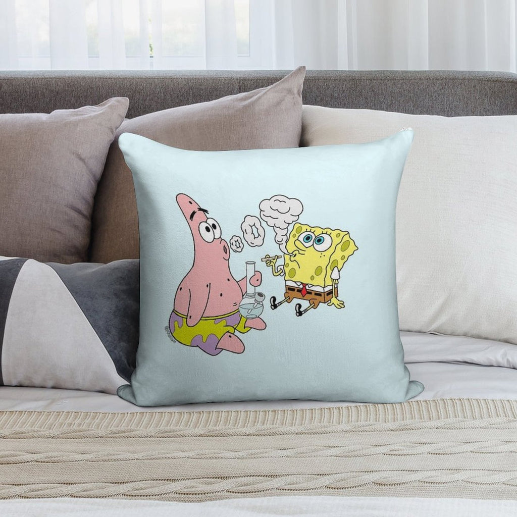 Spongebob And Patrick Smoking Weed Cannabis Cartoon Art Soft Hidden Zipper Throw Pillow