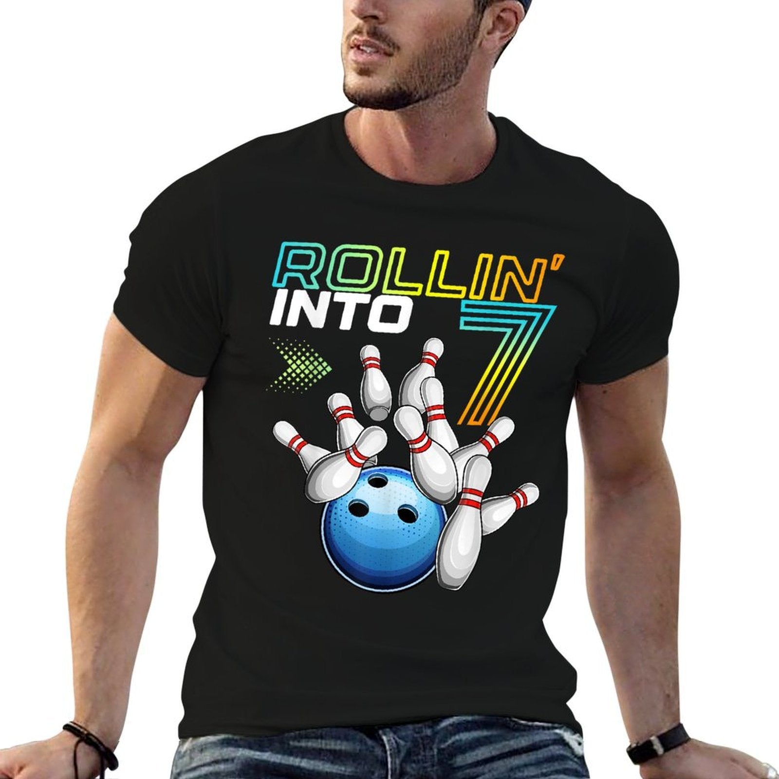 Rollin Into 7 Retro Bowling Birthday Party 7th Birthday  Wrinkle-resistant T-Shirt