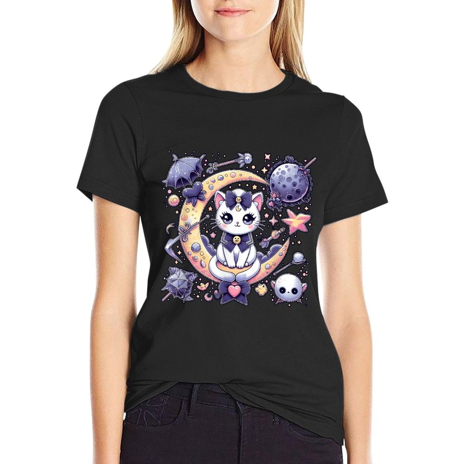 Sailor Meow Cute Moon Cat Space Magic Gothic Halloween  Oversized Silhouette T-Shirt