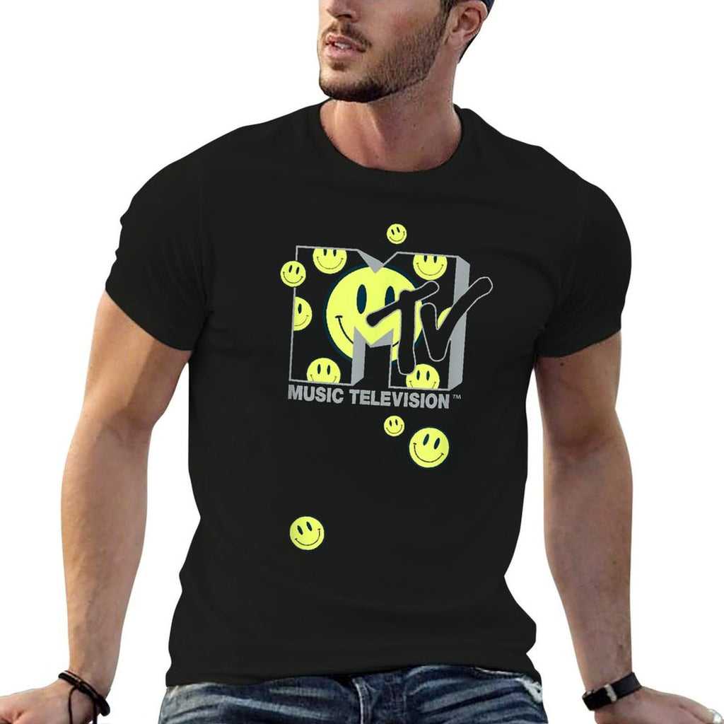 MTV Music Television Retro Eighties Neon Smiley Faces Logo  Rolled Sleeves T-Shirt