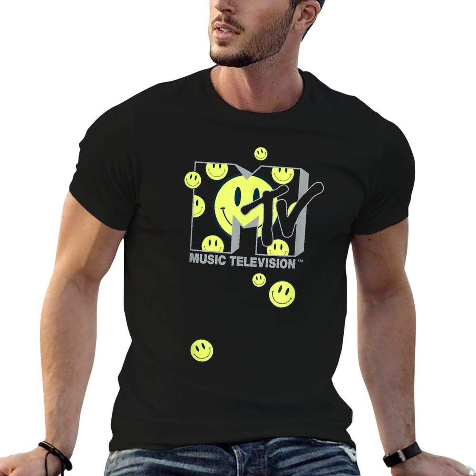 MTV Music Television Retro Eighties Neon Smiley Faces Logo  Rolled Sleeves T-Shirt